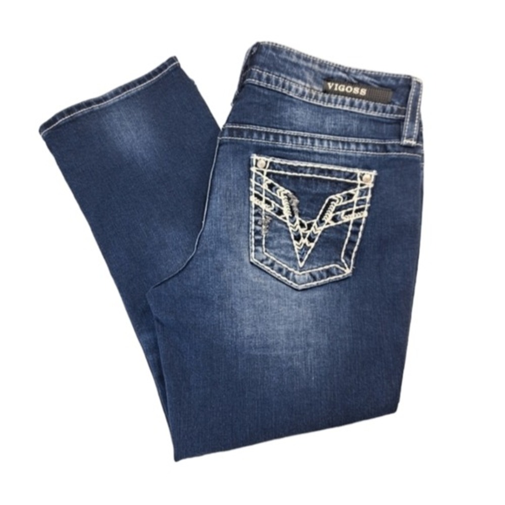 Vigoss The Chelsea Women's Blue Capri Distressed‎ Rhinestone Jeans Size 11/12